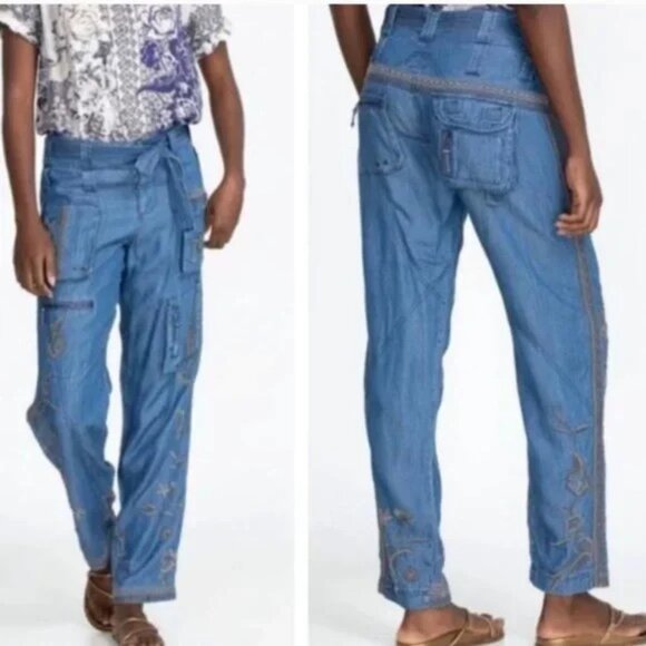 Johnny Was Biya Aventura Embroidered Cargo Denim Pants - Picture 12 of 14